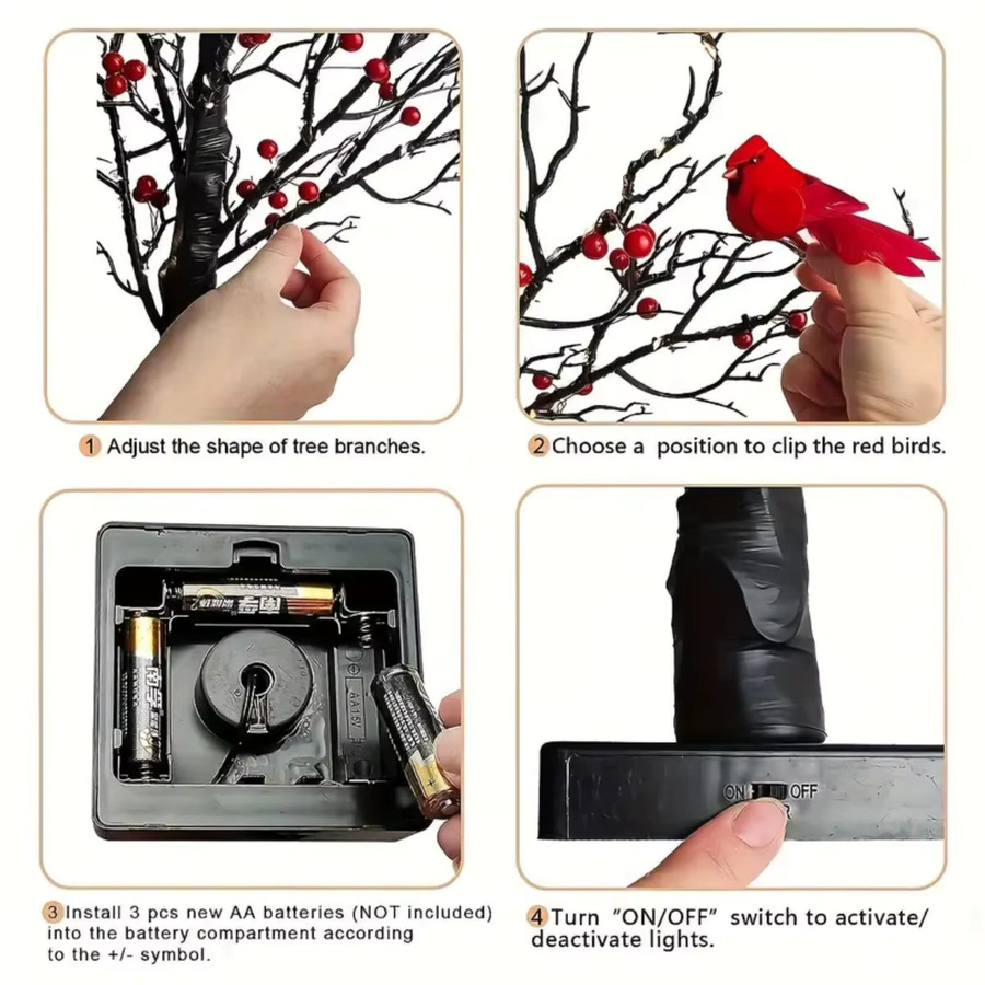 Peach Forest Dekorative LED Birke in Schwarz mit 60 warmweißen LEDs und roten Vögeln als Akzentlampe für Innenräume - Bild 2