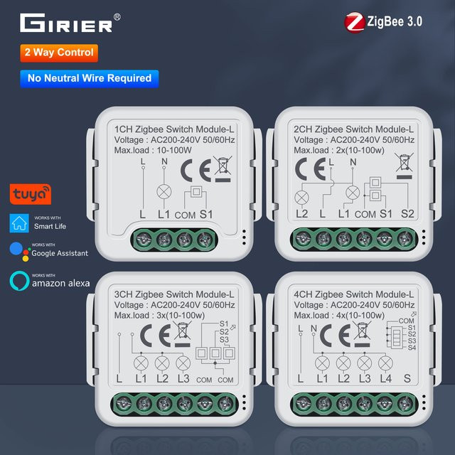GIRIER Tuya ZigBee 3.0 Smart Light Switch Modul in Weiß, 1-Gang, ohne Neutralleiter, kompatibel mit Alexa und Google Home, 2-Wege-Steuerung - Bild 1