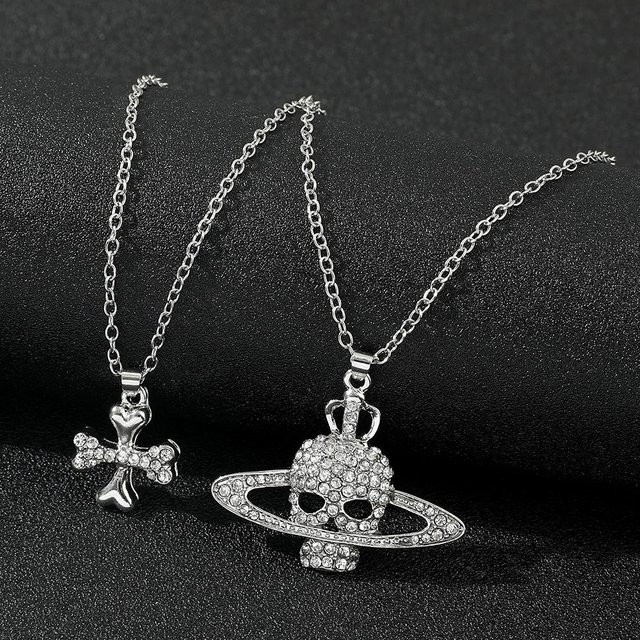 Wucifang Jewelry Halskette, Kreuz Schädel Saturn, Kristall, Messing, Schwarz, Unisex - Bild 1