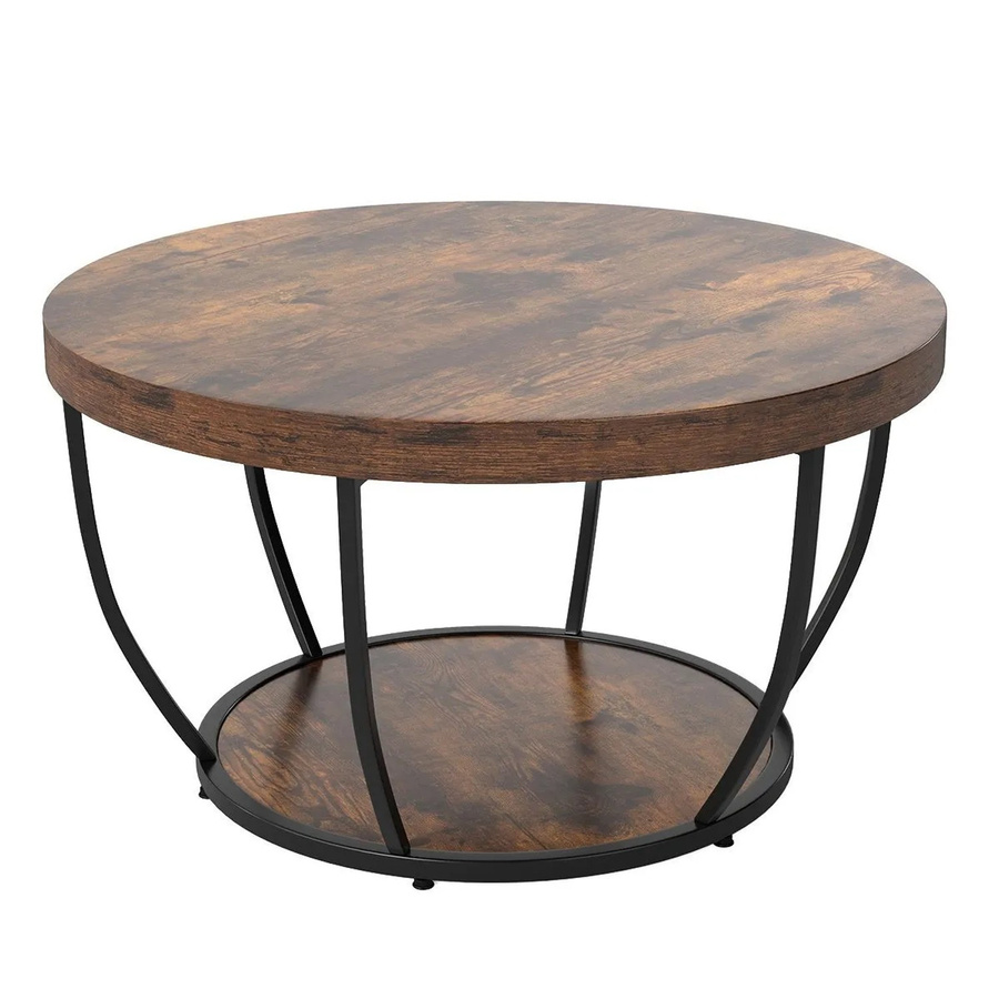 Costway Couchtisch Rund aus Holz und Metall in Rustikalem Braun und Schwarz, Durchmesser: 80 cm, Höhe: 45 cm - Bild 2