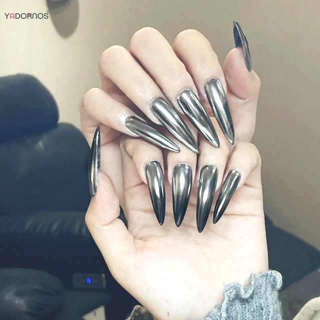 YADORNOS Kunstnägel Stiletto, Silber, Metallic, Unisex - Bild 1