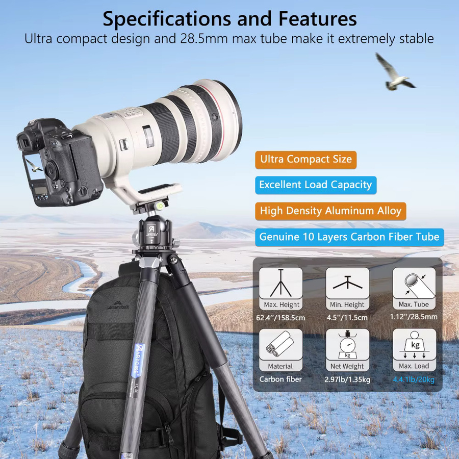 ARTCISE CT70C Carbonfaser-Reisestativ in Schwarz, professionelles DSLR-Stativ mit 29mm Rohr, Belastbarkeit bis 20kg, Höhe: 158 cm - Bild 2