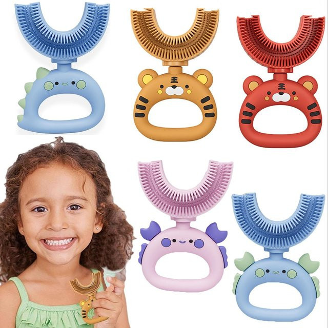 2er-Set U-förmige Silikonzahnbürsten für Kinder mit Dinosaurier-, Tiger- und Krabendesign in Multicolour zur 360 Grad Mundpflege - Bild 1