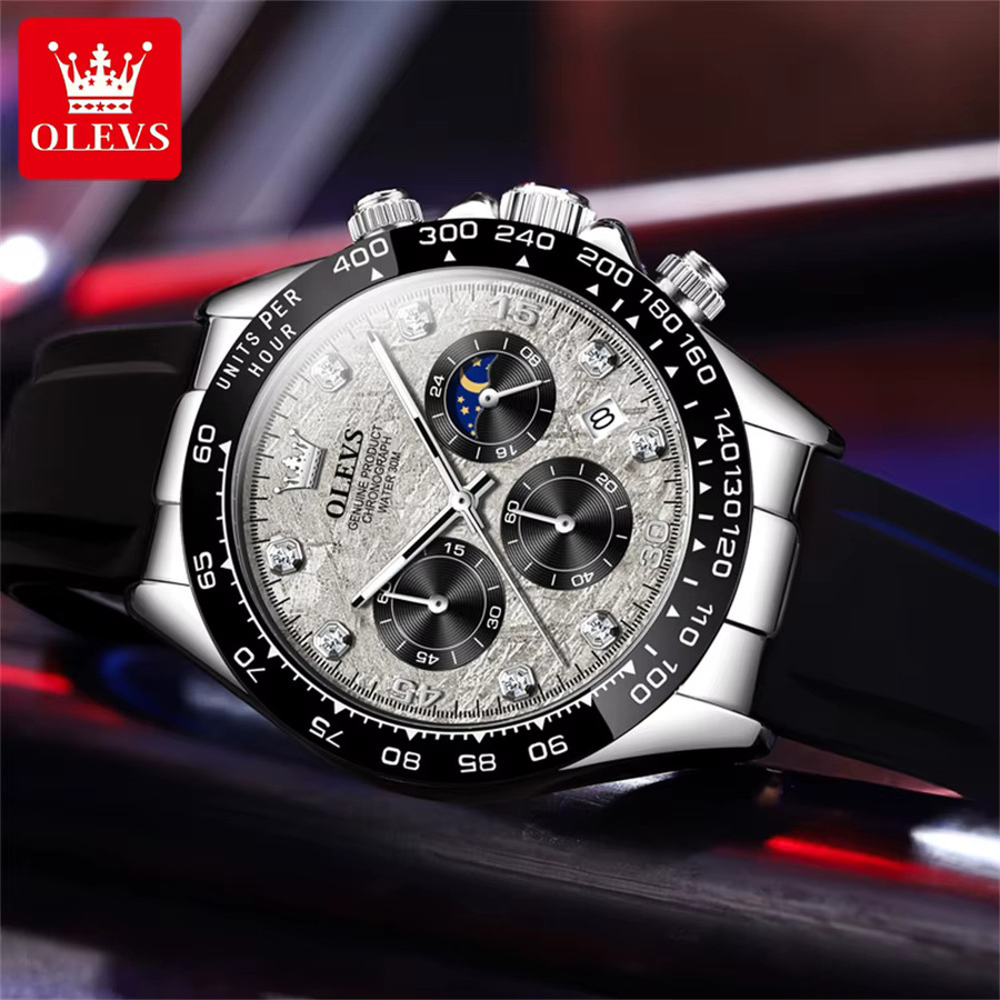 OLEVS Chronograph, Quarz, Silikonarmband, Silber, Herren - Bild 3