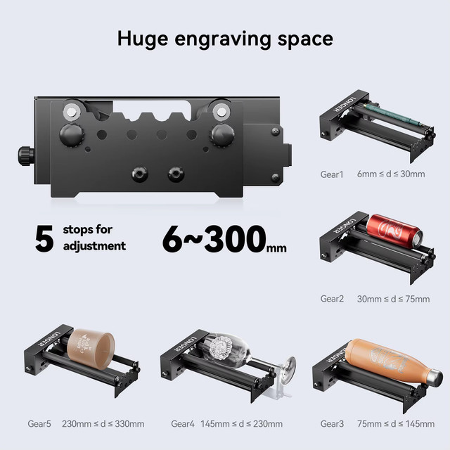 LONGER Laser-Gravierer-Drehwalzen-Zubehör 360-Grad-Drehachse in Schwarz für zylindrische Werkstücke wie Kelche, Tassen, Becher und Flaschen mit einstellbarem Gravurdurchmesser von 6 mm bis 200 mm - Bild 1