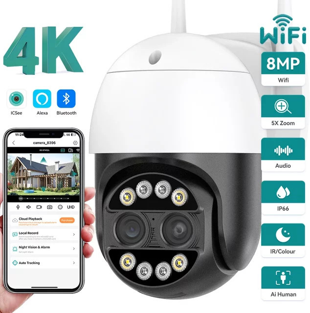 HAMROLTE 8MP PTZ WiFi Außenkamera mit zwei Objektiven, 8-fachem Digitalzoom, Zwei-Wege-Audio und IP-Überwachungsfunktion in Weiß - Bild 1