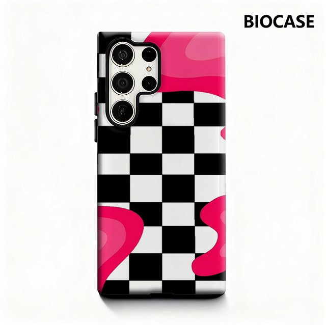 Handyhülle für Samsung Galaxy S25 Ultra, S24 und S23 Ultra Plus in Rosa-Schwarz kariert mit glänzender doppellagiger Rückseite - Bild 1
