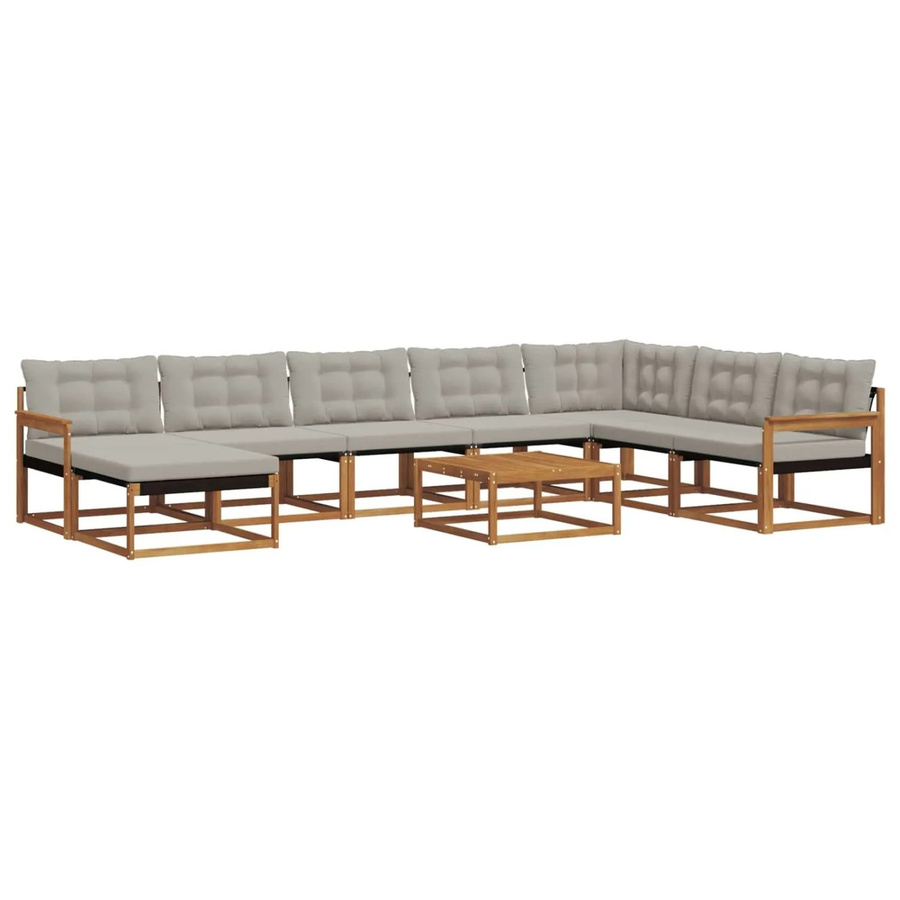 vidaXL Outdoor-Sofagarnitur 9-teilig aus Akazienholz mit Textilene und Kissen in Natur und Hellgrau - Bild 2