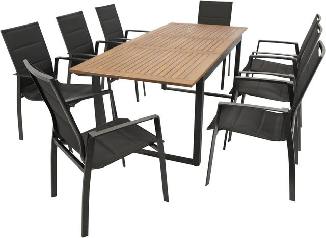DEGAMO Gartenmöbel Garnitur RIVELLO 9-teilig aus Alu, Akazie und Kunstgewebe in Schwarz und Multicolour - Bild 1