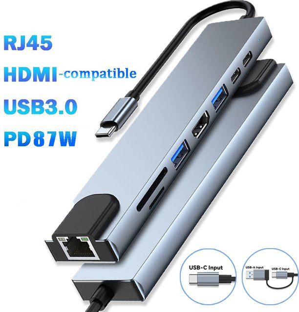 Congdi 8-in-1 USB-C-Hub mit 4K HDTV HDMI, RJ45 Ethernet LAN, SD/TF-Kartenleser und PD Schnellladung in Multicolor für MacBook und Laptop - Bild 1