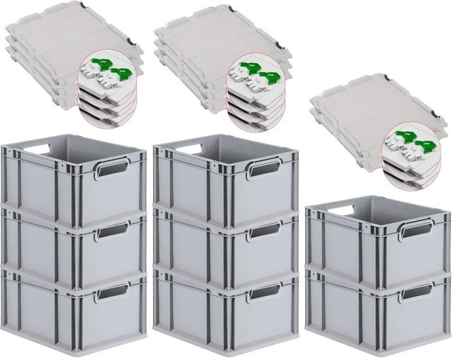 PROREGAL SuperSparSet 8x Eurobox NextGen Grip mit Scharnierdeckel und grünen Schiebeschnappverschlüssen, Grau, H x B x T: 22 x 30 x 40 cm - Bild 1