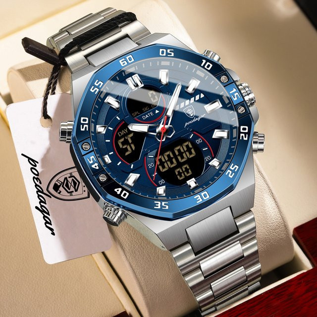 POEDAGAR Digitaluhr, Quarz, Edelstahl, Blau, Herren - Bild 1