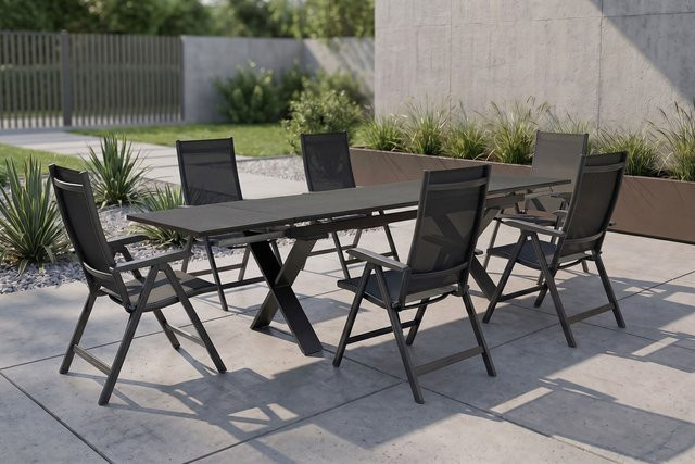 Kettler BasicPlus Garten-Essgruppe in Anthrazit mit ausziehbarem Tisch und 6 Klappstühlen aus Aluminium, Sicherheitsglas mit Spraystone Finish und Textil - Bild 1