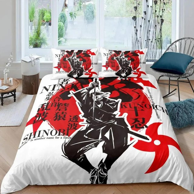 JMG Household Supplies Japanische Samurai Bettwäsche Set mit Sonnenuntergang Landschaft Motiv in Schwarz und Rot, Material Polyester, B/H: 200 x 230 cm - Bild 1