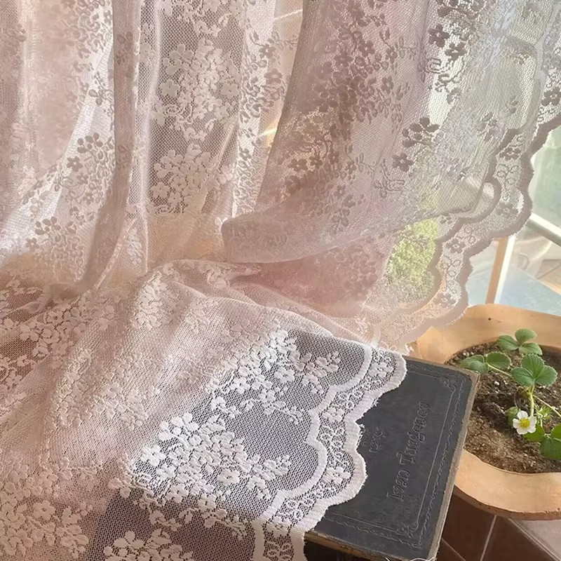 Rosa transparenter Jacquard-Vorhang mit floralem Design und Makramee-Spitze im Shabby-Chic-Stil - Bild 2