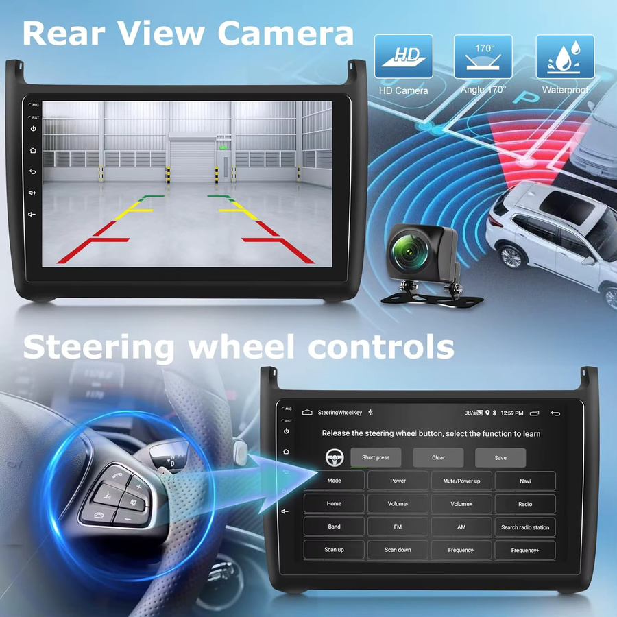 GEARELEC 2 DIN Autoradio für VW Volkswagen Polo 2009-2017 6R 6C mit 9 Zoll Display, Wireless CarPlay, Android Auto, GPS, WiFi, Bluetooth und SWC in Schwarz - Bild 7