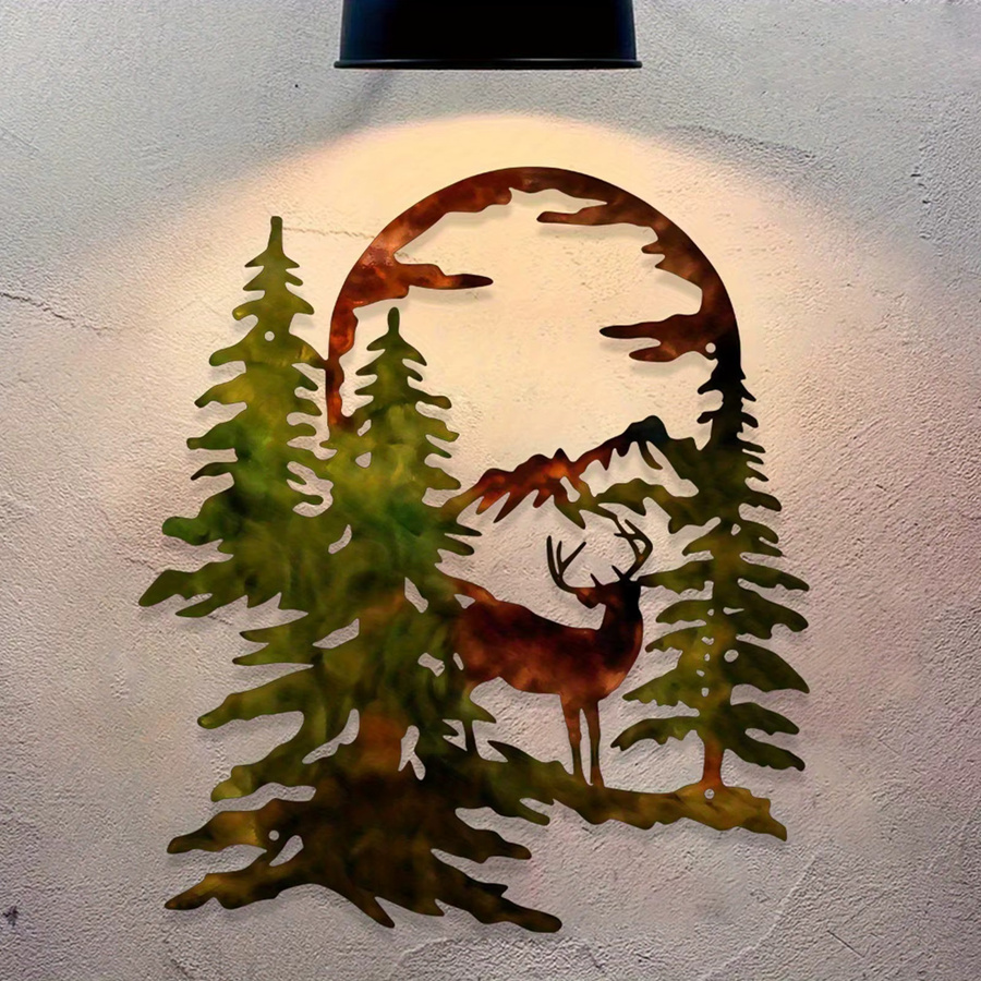 DDPNKL Rustikale Metall-Wandkunst mit Hirschenmotiv, Kiefern und Halbmond in Multicolor für Innen- und Außenbereiche - Bild 3