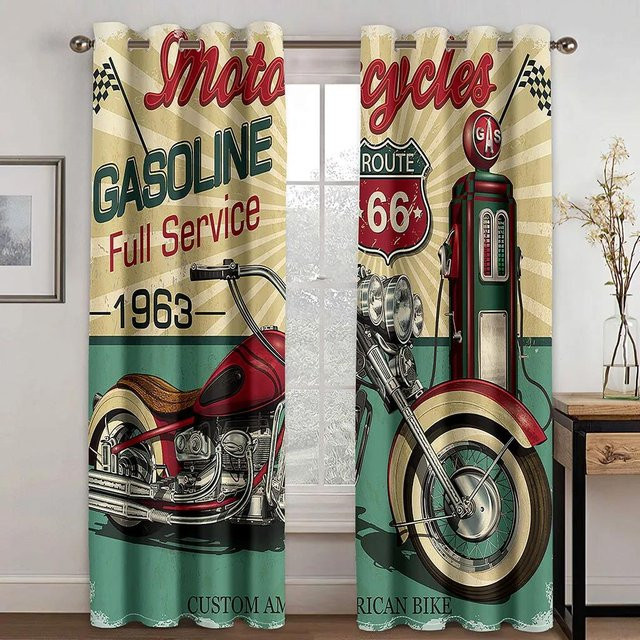 Verdunkelungsvorhang mit Oldtimer Motorrad und Retro Auto Motiv für Kinderzimmer, 2er Set, B: 55 cm, H: 120 cm - Bild 1