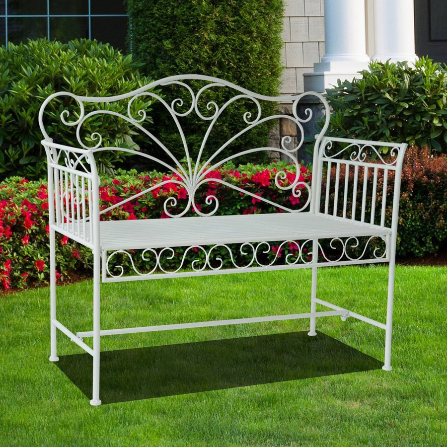 Outsunny Gartenbank 2-Sitzer aus Metall mit Ornament-Rückenlehne in Weiß - Bild 3