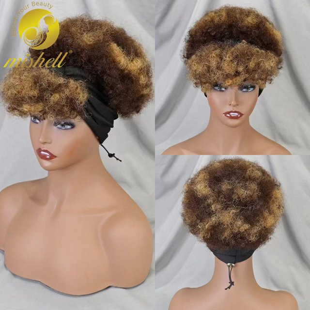 MISHELL Afro Kinky Curly Schalperücke mit Pony, Echthaar, 200 % Dichte, Damen - Bild 1