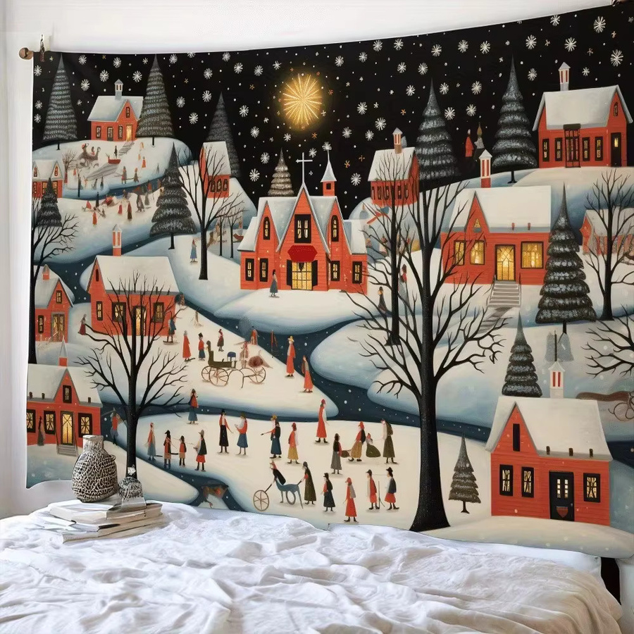 VIKAMA Wandteppich Snowy Town Winter Landschaft, Mehrfarbig, B: 75 cm, H: 75 cm - Bild 3