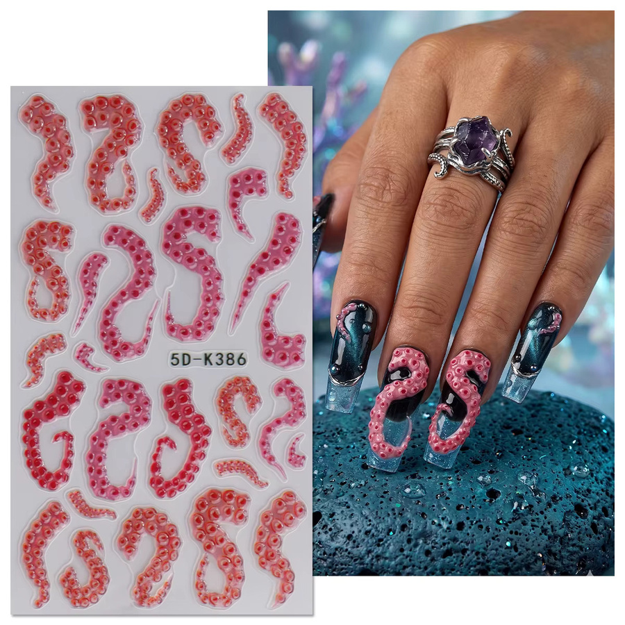 QIANJIKU Nagelaufkleber, Lila-Rot, Oktopus-Tentakel Relief, 3D Geprägt - Bild 2