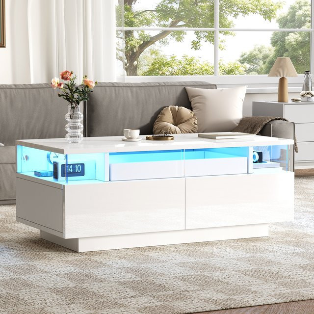 Okwish Couchtisch mit LED-Licht und 2 Schubladen aus Glas in Weiß, Breite: 90 cm - Bild 1