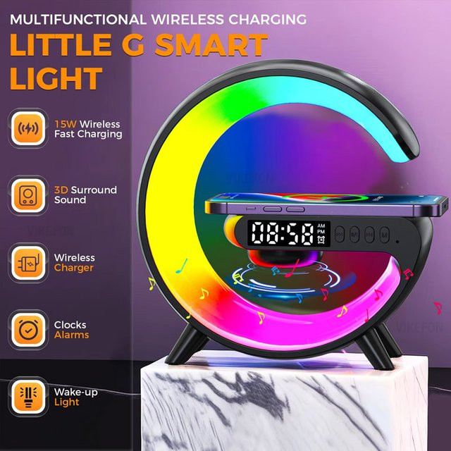 VIKEFON Bluetooth Lautsprecher mit kabelloser Ladestation, RGB Nachtlicht und Wecker in Schwarz - Bild 1