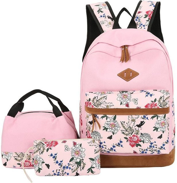 Fancy Style Studio 3-teiliges Schultaschen-Set für Mädchen mit Blumenmuster und Federmäppchen sowie Brotdose in Pink - Bild 1