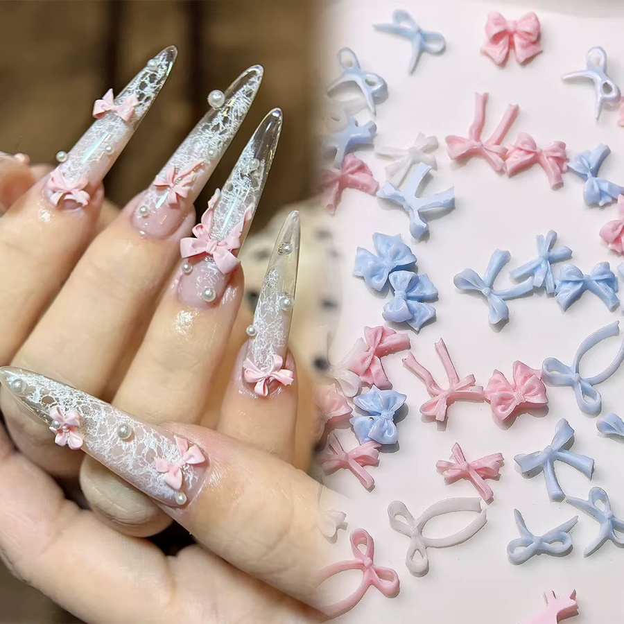 HotPress Nagelcharms Schleifen, 100 Stück, Weiß/Rosa/Blau, Glänzend - Bild 2