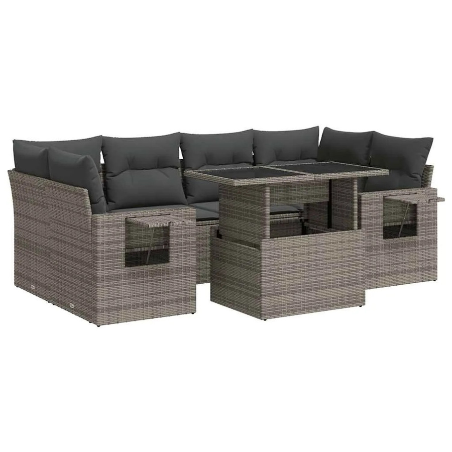 vidaXL 7-teilige Garten-Sofagarnitur in L-Form aus grauem Poly-Rattan mit Kissen und pulverbeschichtetem Stahlgestell - Bild 2