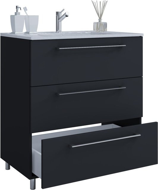 VCM Badmöbel Set Badinos 2-tlg. Waschplatz mit Keramik-Waschtisch und Unterschrank mit 3 Schubladen, Schwarz matt, Breite: 60 cm - Bild 1