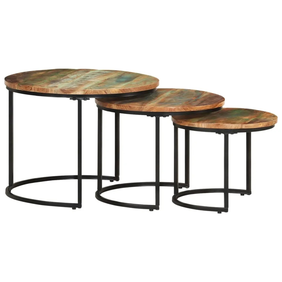 vidaXL Satztische Set aus 3 Stück aus Altholz Massivholz in Braun und Multicolour mit runden Tischplatten - Bild 2