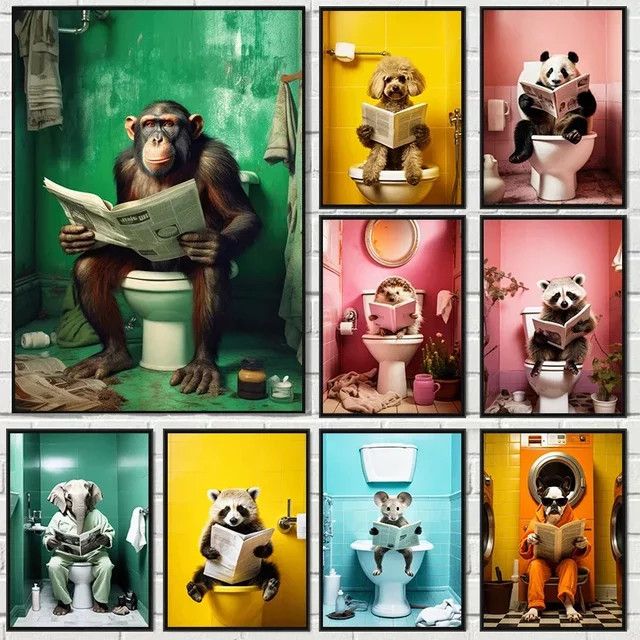 Potdemiel Leinwanddruck mit Schimpanse, Elefant und Panda als modernes Wandposter für dein Wohnzimmer oder Badezimmer - Bild 1