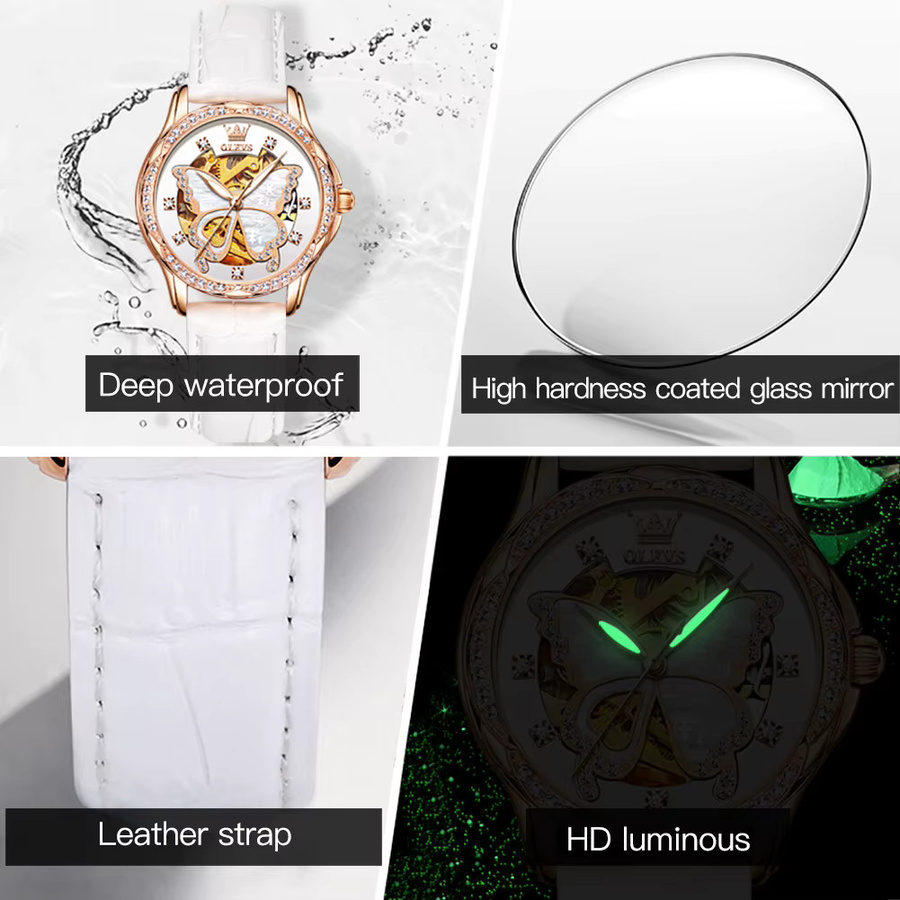 OLEVS Armbanduhr Automatik, Schmetterlings-Skelett-Zifferblatt, Diamant, Damen - Bild 2