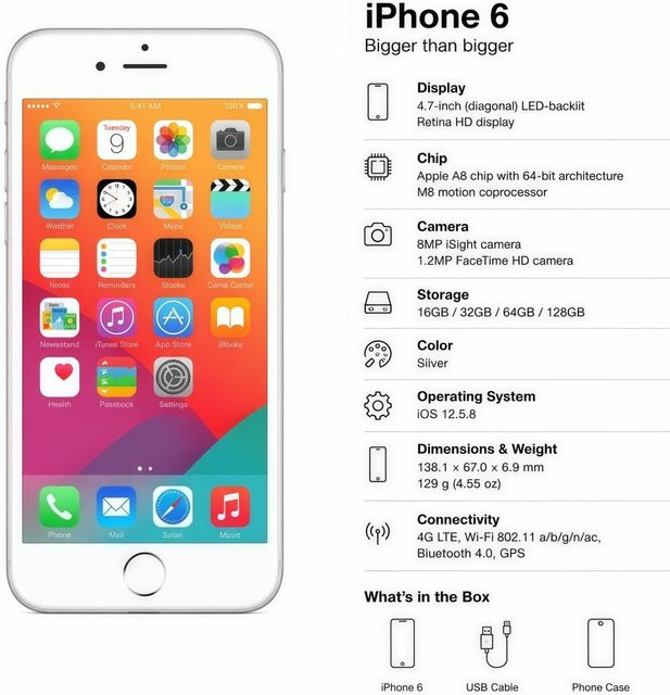 Apple iPhone 6 16GB Smartphone Silber (refurbished) mit 4G LTE und iOS 16.0 - Bild 1