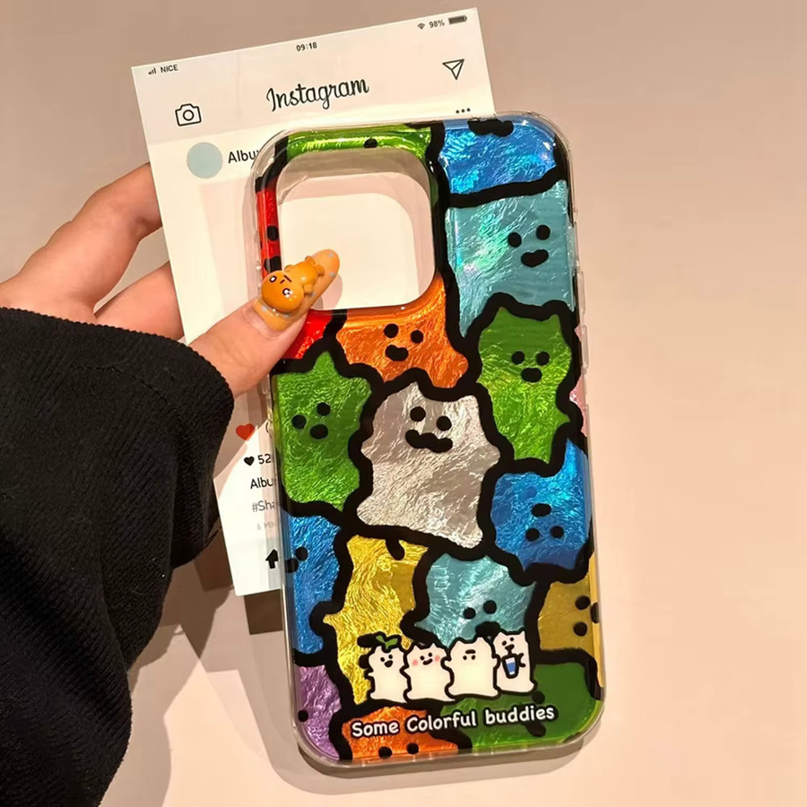 Handyhülle mit buntem Katzen-Design und schwarzen Linien für Apple iPhone 16 15 14 13 12 Pro Max und weitere Modelle, mehrfarbig - Bild 2