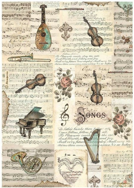 Stamperia Motiv-Strohseide Music - Instruments in Beige und Multicolour, A4 - Bild 1