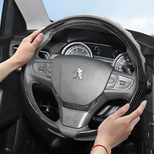Hocasen Lenkradbezug in Carbon-Optik für Peugeot, Wave-Shaped Sports Design Schutzhülle, Farbe: Schwarz - Bild 1
