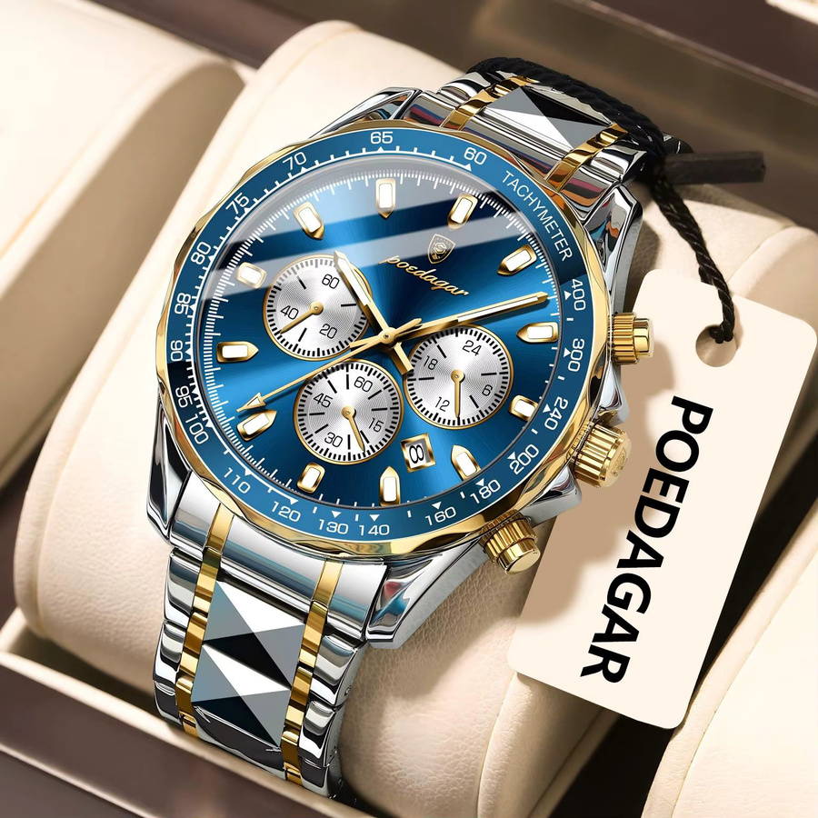 POEDAGAR Armbanduhr Chronograph, Quarz, Edelstahl, Blau, Herren - Bild 2