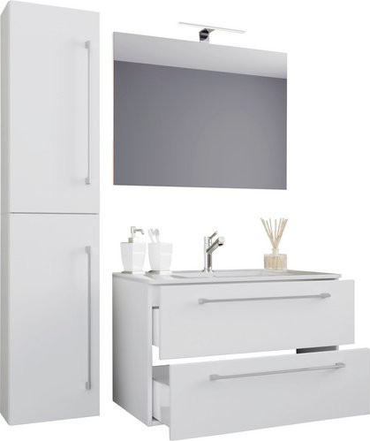 VCM Badmöbel-Set Badinos in Weiss, 4-teilig mit Waschbecken, Unterschrank, Hochschrank und Spiegel, B/H/T: 61 x 151 x 46 cm - Bild 1