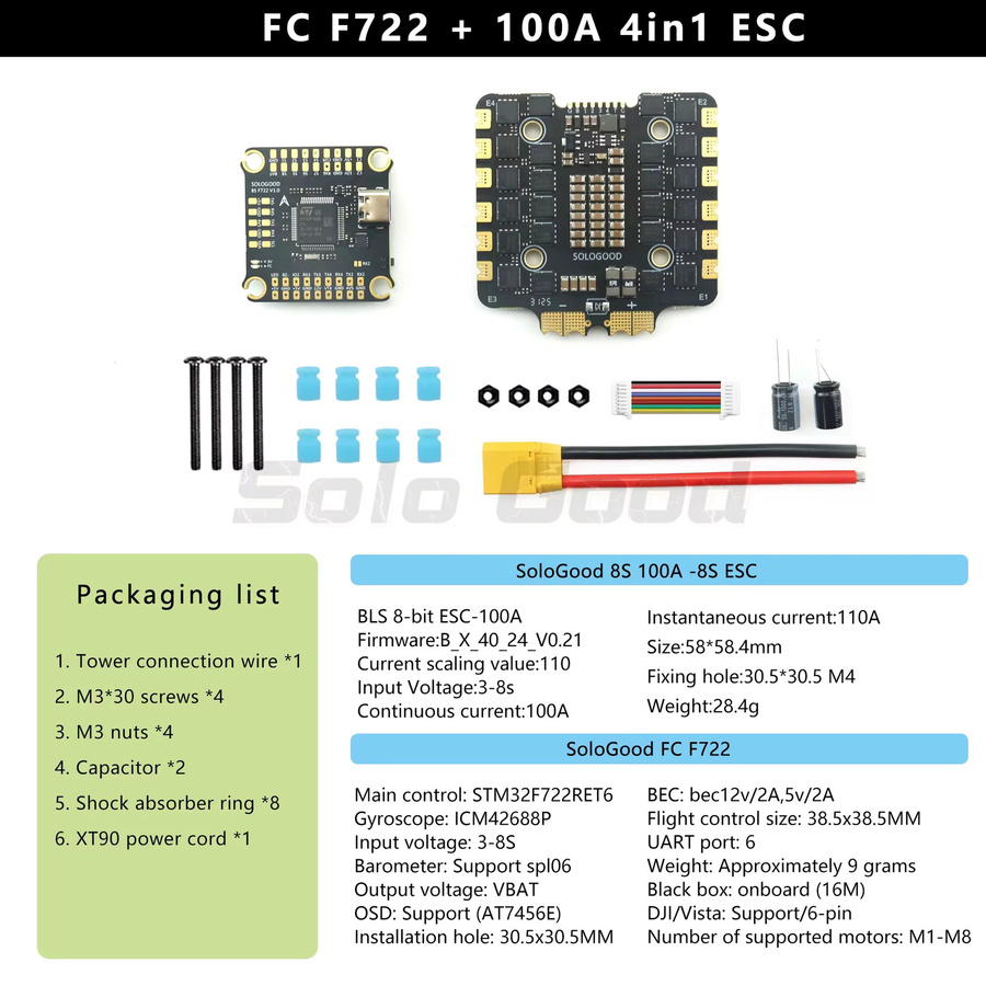 SoloGood 8S F722 Stack Flugcontroller mit 100A 4-in-1 ESC und ICM42688P in Schwarz, B/T: 30,5 x 30,5 mm, für FPV-Drohnen (3-8S) - Bild 2