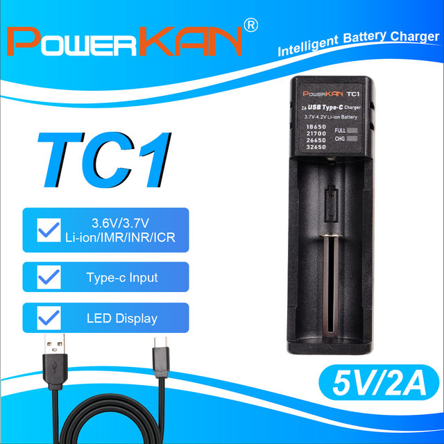 POWERKAN TC1 Intelligentes Ladegerät mit Mikrocomputersteuerung für Li-Ion Akkus 18650 21700 26650 20700 22700, USB-C, Schwarz - Bild 1