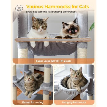 Pawz Road Kratzbaum für Katzen in Grau mit Sisalstamm, Hängematte, Höhle und integriertem Spielzeug, Höhe: 175 cm - Bild 2