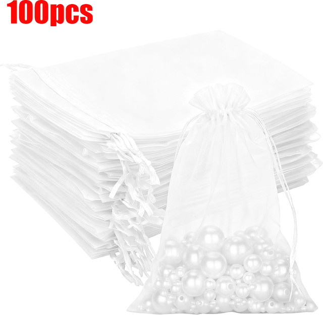 100 Stück weiße transparente Organza-Schmuckbeutel mit Kordelzug für Hochzeiten, Partys und Geschenke - Bild 1