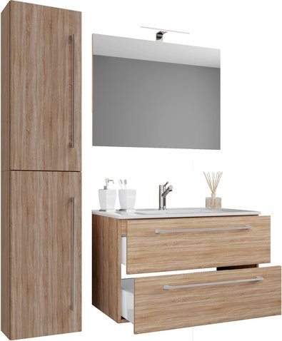 VCM Badmöbel-Set Badinos 4-teilig in Eiche braun mit Waschbecken aus Keramik und Hochschrank B/H/T: 61 x 151 x 46 cm - Bild 1
