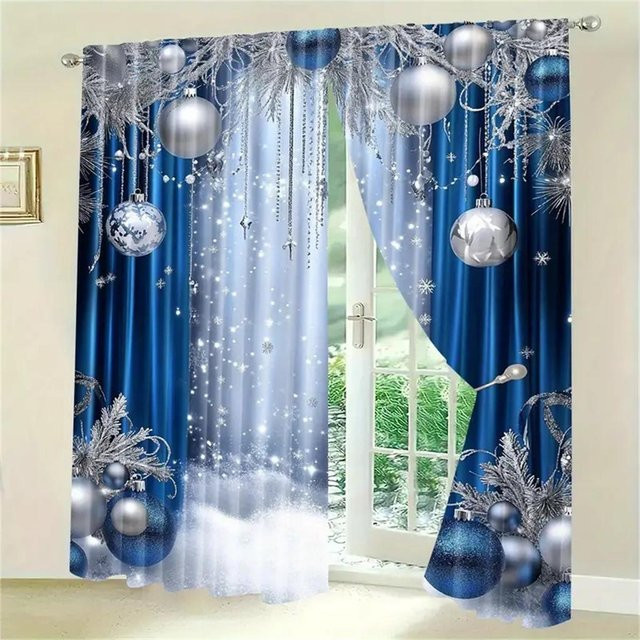 Weihnachtsvorhänge mit 3D Santa und Rentier Druck in Weiß, 2er Set mit Haken, semi-transparent, Breite: 50 cm, Höhe: 130 cm - Bild 1