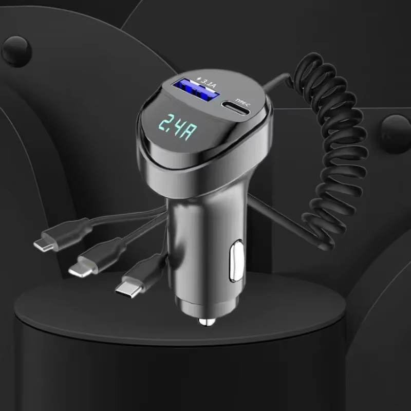 55 W 3-in-1 Autoladegerät mit 2 USB-Ports, Spannungsanzeige und einziehbarem Kabel in Schwarz - Bild 2