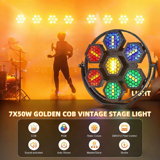 CHEGIT Professionelles COB LED Bühnenlicht mit DMX512, 7x50W Multicolour Retro Effekt für Club, Bar, Hochzeit und Festival, Schwarz - Bild 1