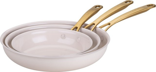 Fackelmann Pamela Reif Signature Bratpfannen-Set aus Keramik in Beige und Weiß mit Gold-Griff, Ø 20 cm, Ø 24 cm und Ø 28 cm - Bild 1